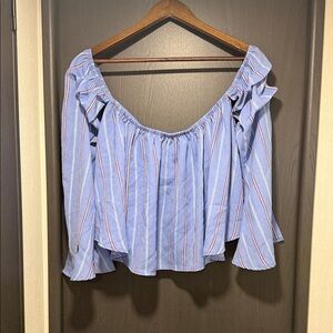 Elegant Blue Striped Ruffle Blouse